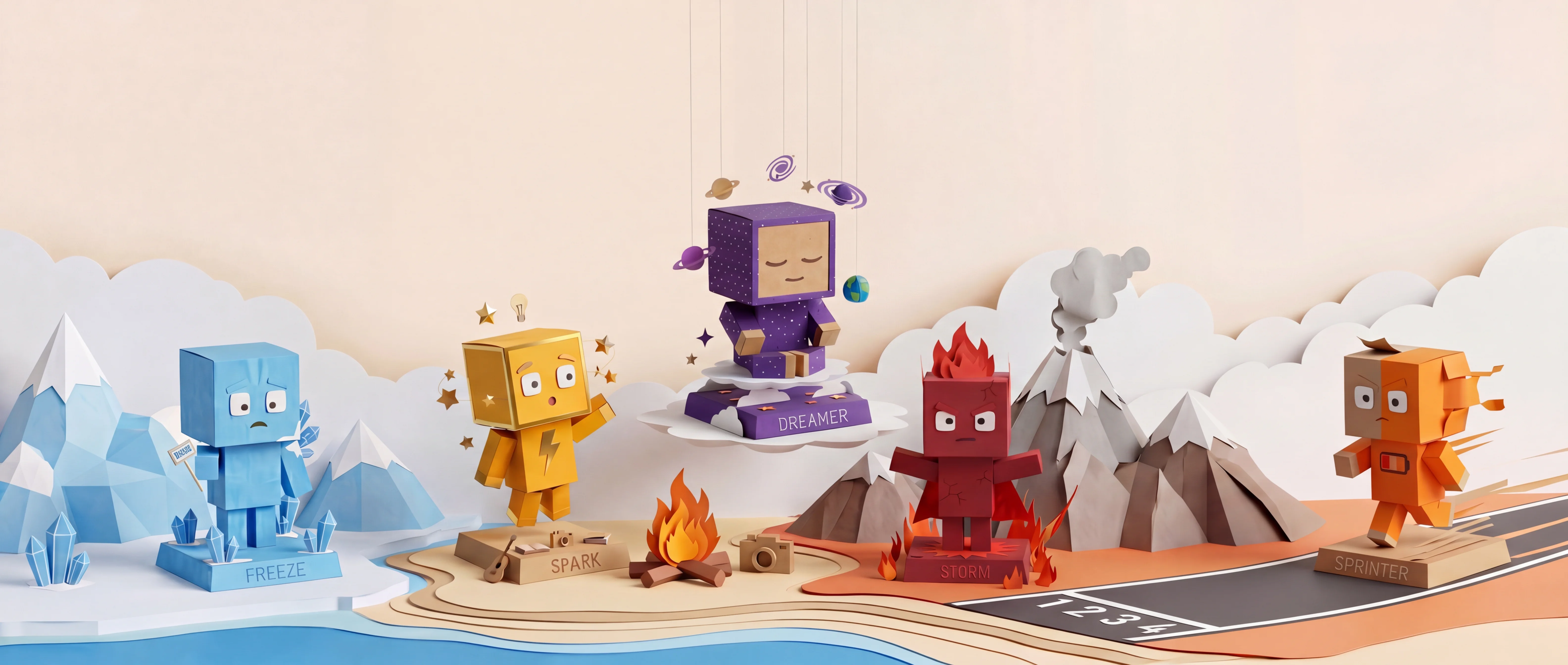 Five ADHD brain mode characters — Storm, Spark, Freeze, Sprinter, and Dreamer — in a paper craft world